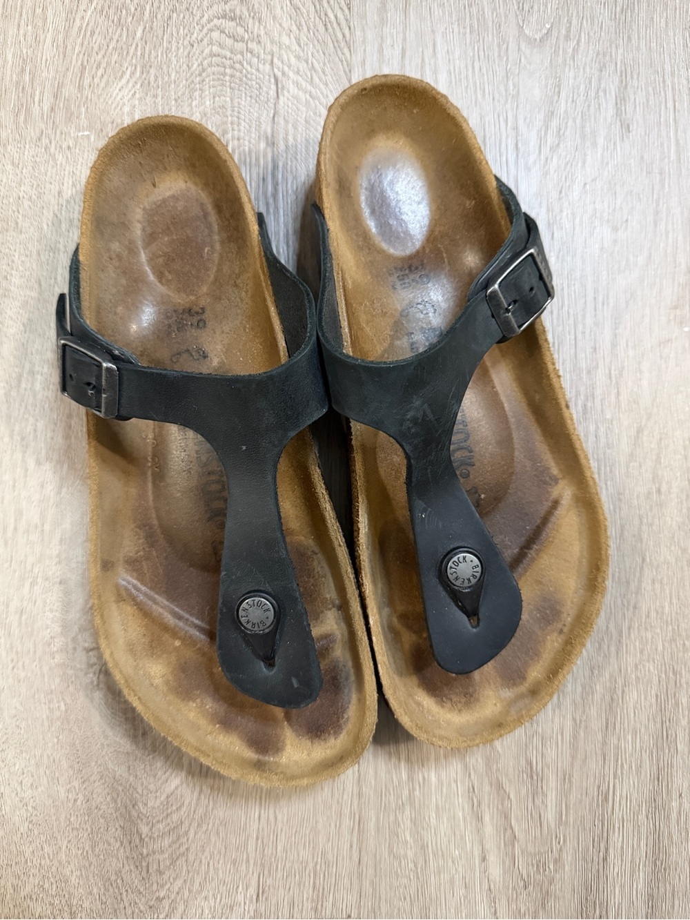 Birkenstock Black Leather Thong Sandals with Brown Footbed - Picture 2 of 8